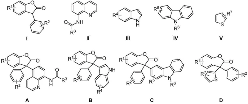 General reaction scheme for synthesizing benzofuran triarylmethane compounds A-D from benzofuranones and heterocycles