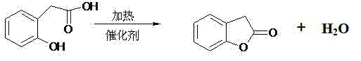 Chemical reaction scheme showing the cyclization of o-hydroxyphenylacetic acid to benzofuranone using cationic resin catalyst