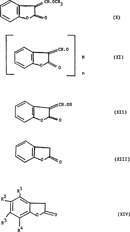 Key benzofuranone derivative structures including Formula X, XI, XII, XIII, and XIV showing the core scaffold