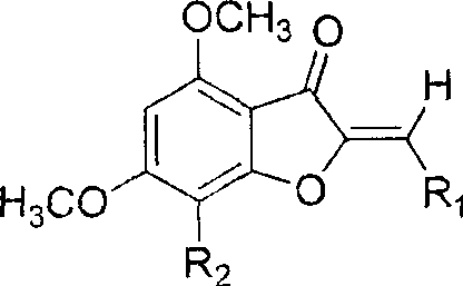 General chemical structure of Formula (I) showing the 4,6-dihydroxy-3(2H)-benzofuranone core with variable R1 and R2 substituents