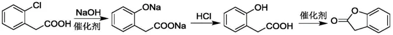 Conventional synthesis route of benzofuranone from o-chlorophenylacetic acid showing harsh conditions