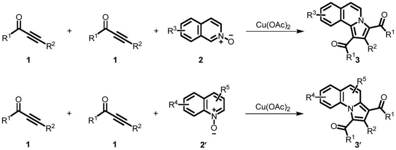 Copper-catalyzed reaction scheme showing cyclization of alkynone compounds with quinoline/isoquinoline nitrogen oxides to form benzoindolizine products