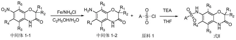 Synthetic scheme for Formula II showing reduction of nitro group followed by sulfonylation