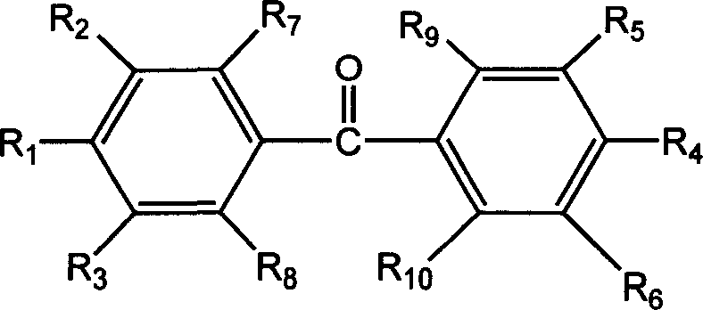 General chemical structure of benzophenone photoinitiator containing maleimide groups showing variable substituents R1-R10
