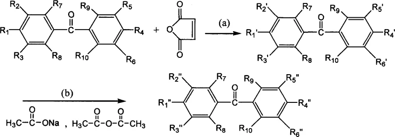 Reaction scheme showing the two-step synthesis from amino-benzophenone to maleimide derivative via maleamic acid intermediate