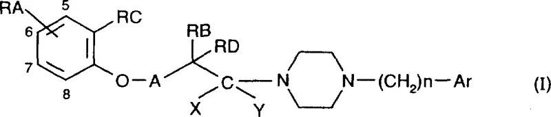 General Formula I of novel benzopyran piperazine derivatives showing variable substituents RA, RB, RC, RD and Ar