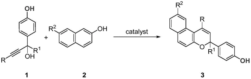 General reaction scheme showing the synthesis of benzopyran compounds from 4-hydroxyaryl-substituted propargyl alcohols and 2-naphthols using a catalyst