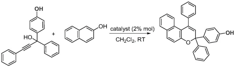 Specific example of benzopyran synthesis (Example 1) showing 99% yield under optimized conditions