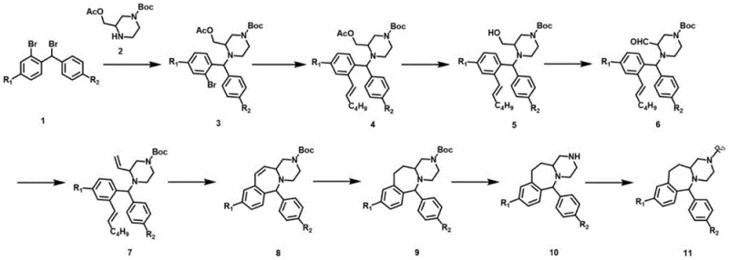 Complete synthetic route from compound 1 to target compound 11 highlighting the nine-step sequence