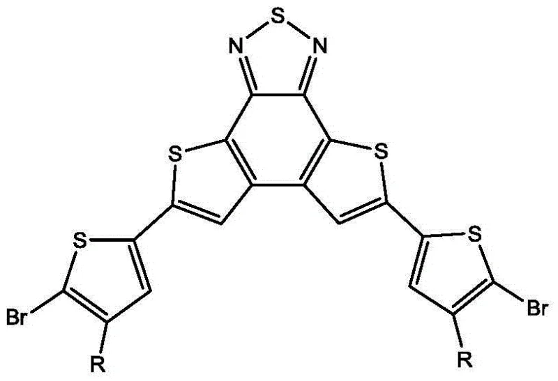 Chemical structure of 5,8-bis(5-bromo-4-alkylthiophen-2-yl)thienobenzothiadiazole showing the core benzothiadiazole unit flanked by brominated alkyl-thiophenes