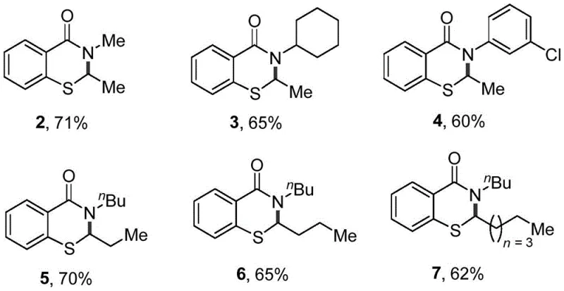 Extended substrate scope displaying N-butyl benzothiazinones with varying alkyl chains at the 2-position