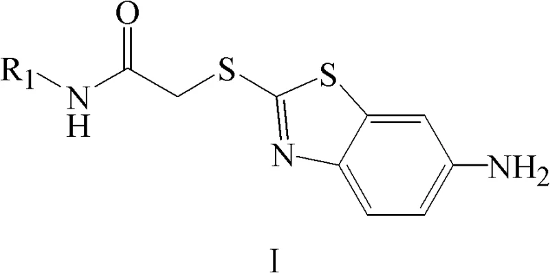 General chemical structure of 2-(6-aminobenzothiazole-2-mercapto)-acetamide derivatives showing variable R1 groups
