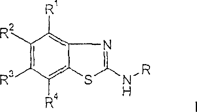 General chemical structure of substituted benzothiazole derivatives formula I showing variable substituents R1 through R4 and R group