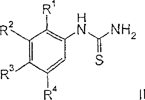 Core cyclization reaction scheme showing conversion of thiourea formula II or III to benzothiazole formula IA or IB using DMSO and HBr