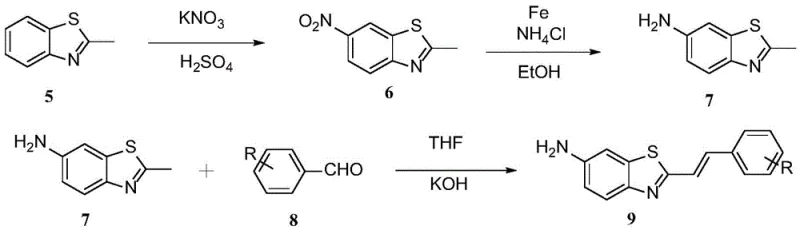 Synthesis of benzothiazole vinyl arms via nitration, reduction, and Knoevenagel condensation