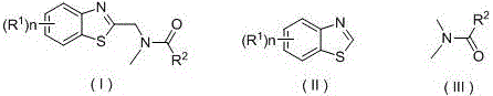 General reaction scheme showing visible-light catalyzed synthesis pathway where substituted benzothiazole (II) reacts with N,N-dimethylamide compound (III) to form C2 alkylated derivative (I) using organic photosensitizer