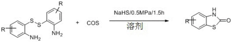 Reaction equation showing the conversion of aromatic disulfide and COS to benzothiazole-2-one using NaHS catalyst