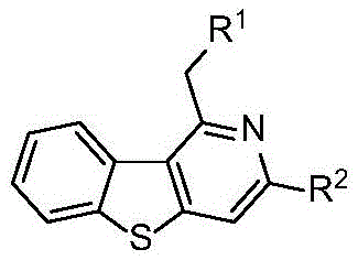 General structural formula of polysubstituted benzothienopyridine compounds showing variable R1 and R2 substituents