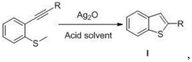 Reaction scheme showing Ag2O catalyzed cyclization of 2-ethynyl methyl sulfide to benzothiophene