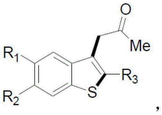 General chemical structure of the novel benzothiophene derivatives showing variable substituents R1, R2, and R3