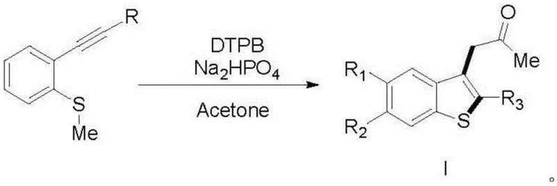 Reaction scheme showing the conversion of 2-ethynylphenyl methyl sulfide to benzothiophene derivative using DTPB and Na2HPO4 in acetone