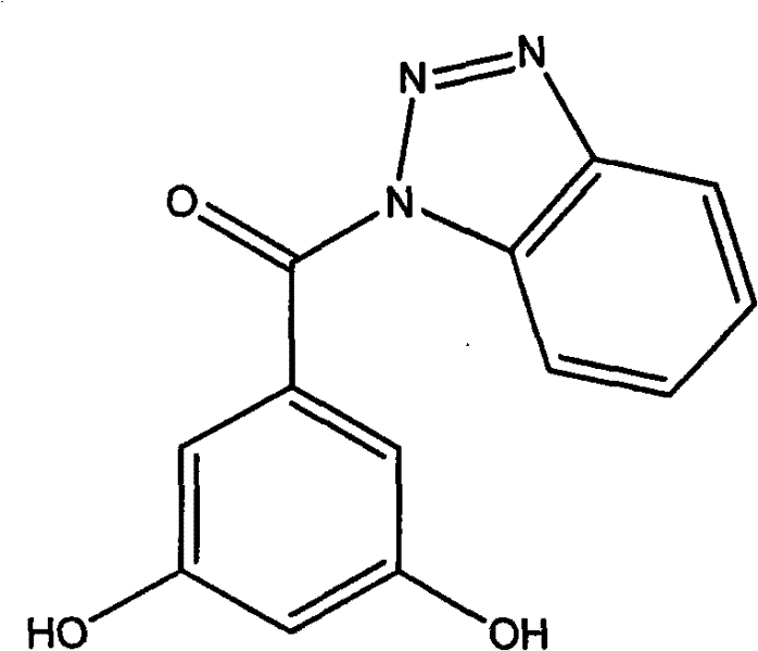 Synthesis scheme of Compound 11 showing amidation of 1H-benzotriazole with 3,5-dihydroxybenzoic acid
