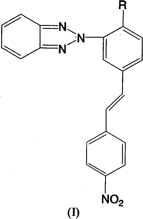 General chemical structure of benzotriazole dye compounds showing variable R groups for OH or OCH3