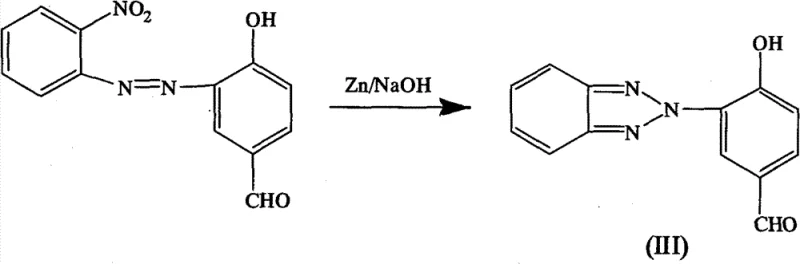Reductive cyclization reaction scheme showing conversion of azo intermediate to benzotriazole ring using Zn and NaOH