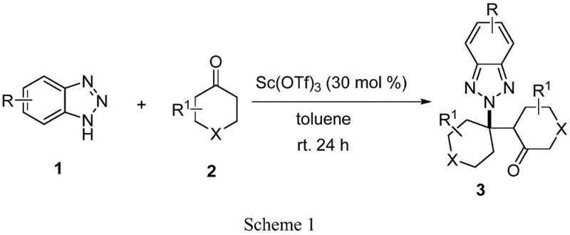 General reaction scheme for Scandium-catalyzed N2 alkylation of benzotriazole derivatives with cyclohexanone