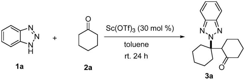 Specific reaction scheme showing the synthesis of benzotriazole N2 alkylation product 3a from 1a and 2a using Sc(OTf)3 catalyst