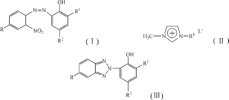 Chemical structures of azo intermediate (I), acidic ionic liquid (II), and benzotriazole UV absorber product (III)