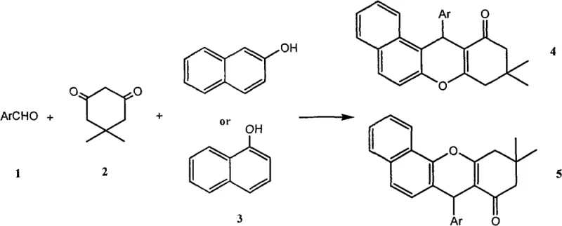 General reaction scheme showing the synthesis of benzoxanthene derivatives from aromatic aldehydes, 1,3-cyclohexanedione, and naphthol