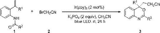 General reaction scheme for the synthesis of 3-nitrile ethyl-2-hydrocarbyl-4H-benzoxazine using bromoacetonitrile and blue light photocatalysis