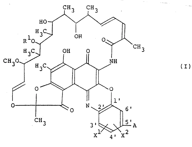 General synthesis scheme showing the reaction of rifamycin derivative II with amine AH to form product I