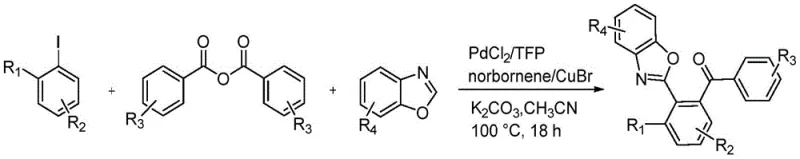 General reaction scheme for the synthesis of benzoxazole derivatives using Pd/TFP/norbornene catalysis