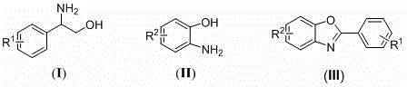 Reaction scheme showing the conversion of beta-hydroxylamine and o-aminophenol to benzoxazole using NHPI and air