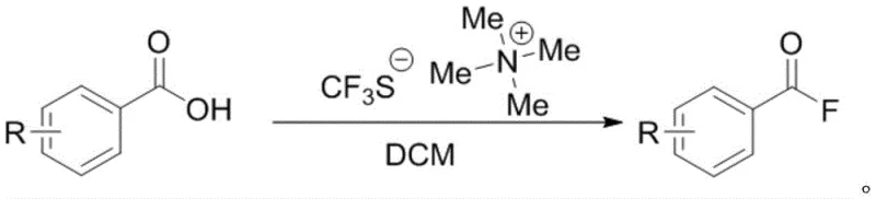 General reaction scheme showing the conversion of benzoic acid to benzoyl fluoride using trifluoromethanesulfinate