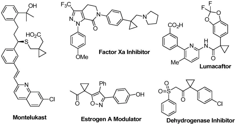 Examples of pharmaceutical drugs containing cyclopropane rings including Montelukast and Lumacaftor