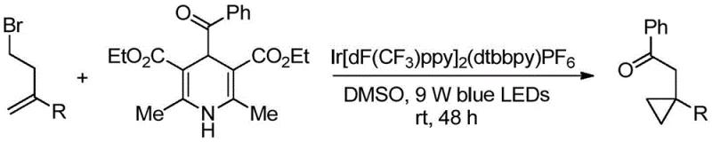 Reaction scheme for photocatalytic synthesis of benzoylmethyl substituted cyclopropane using Ir catalyst and blue LEDs