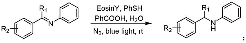 General reaction scheme for the synthesis of benzylamine compounds via imine hydrogenation using Eosin Y and visible light