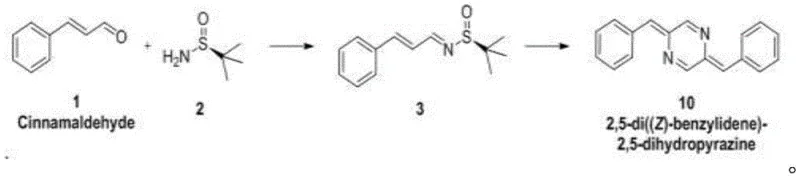 Overall synthetic route from cinnamaldehyde and tert-butylsulfinamide to pyrazine derivative 10