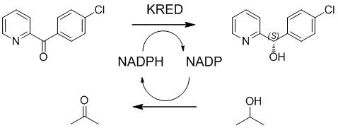 Biocatalytic reaction scheme showing KRED mediated reduction of ketone to chiral alcohol