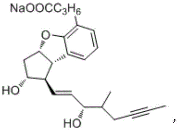 Chemical structure of Beraprost Sodium showing the cyclopenta[b]benzofuran core and side chains