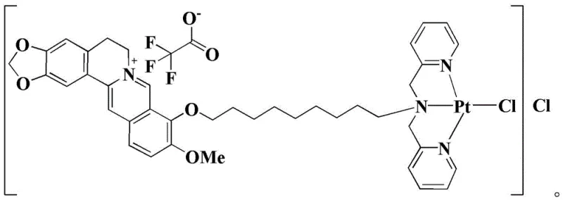Chemical structure of the berberine platinum II complex Pt1 showing coordination sphere