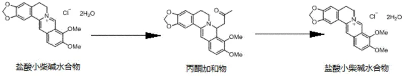 Reaction scheme showing the conversion of Berberine Salt I to Acetone Adduct and back to Berberine Salt II