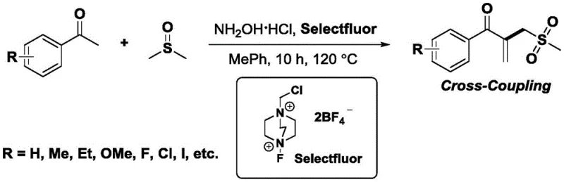 General reaction scheme for Selectfluor-promoted synthesis of beta-acyl allyl methyl sulfones from acetophenones and DMSO