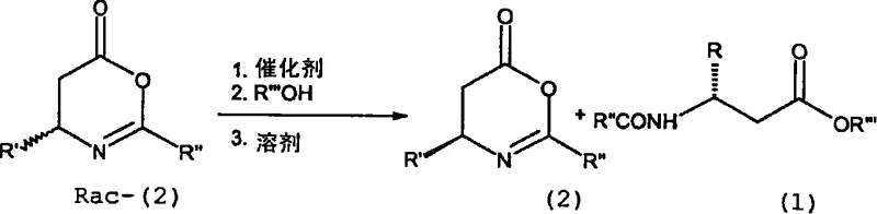 Kinetic resolution reaction scheme showing conversion of racemic oxazinone to enantiomerically enriched products