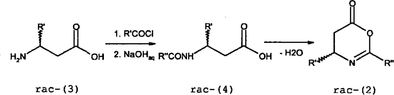 Synthesis pathway of racemic oxazinone starting material from beta-amino acids