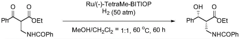 Prior art Ruthenium-catalyzed hydrogenation reaction scheme showing long reaction times