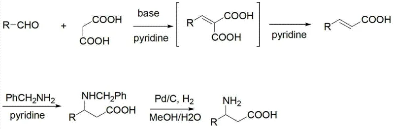 Reaction scheme showing the one-pot synthesis of beta-amino acids via Knoevenagel condensation and Pd/C hydrogenation